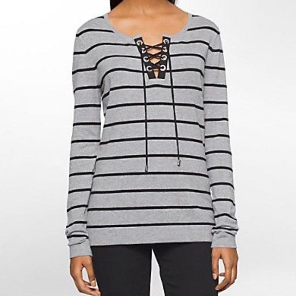 [Calvin Klein] Striped V-Neck Lace Up Sweater
